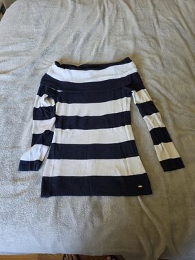Tommy Hilfiger Navy and White Striped Off-Shoulder Sweater